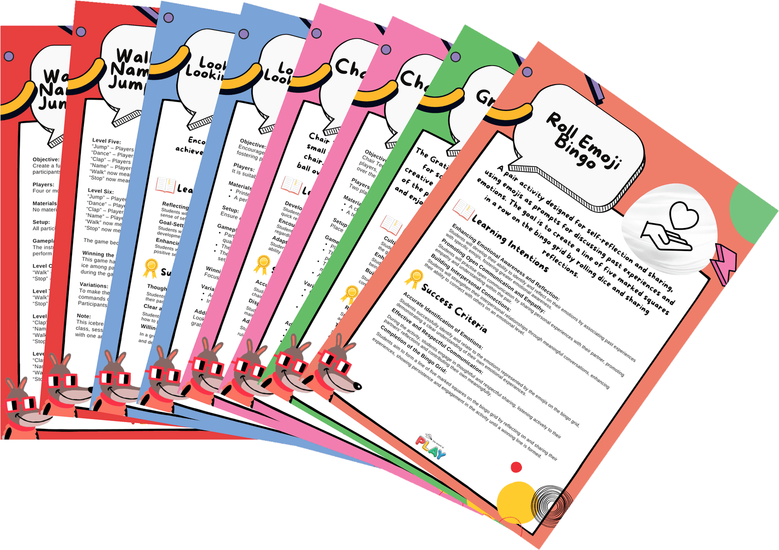A fan of colourful printable lesson plans, including Roll Emoji Bingo, each with an objective, learning intentions and success criteria