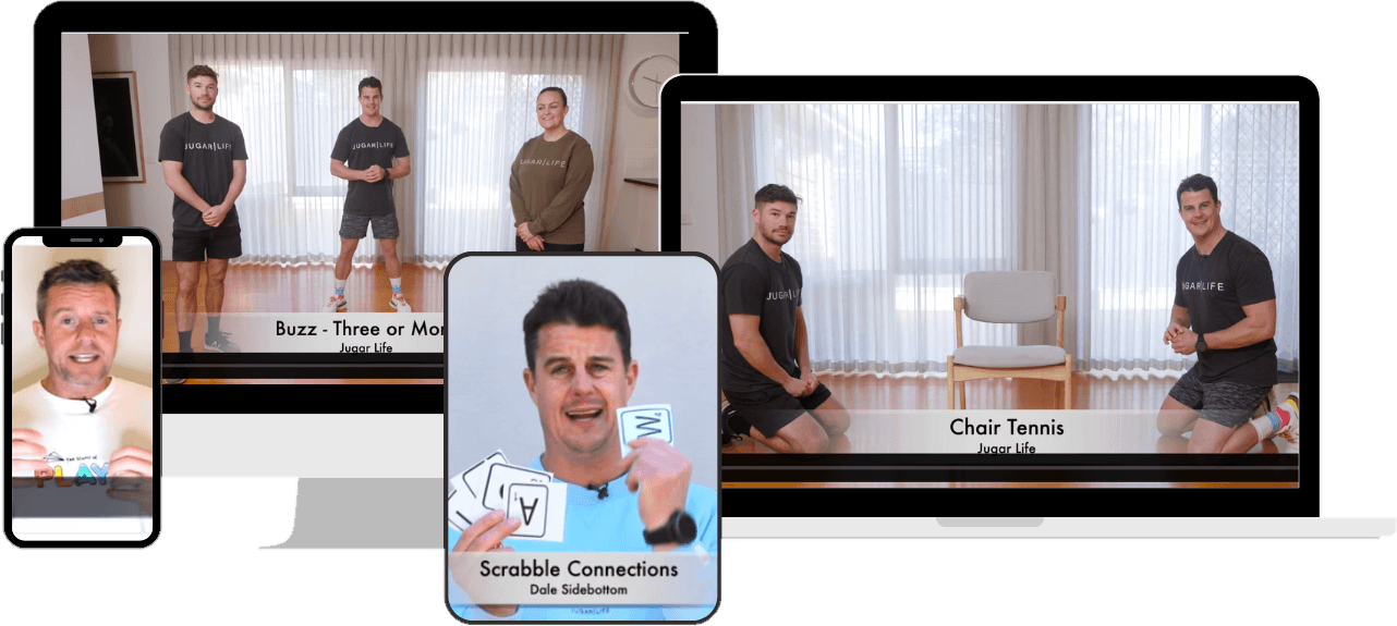Curriculum game videos playing on a desktop, laptop, tablet and phone: Buzz, Chair Tennis and Scrabble Connections, with Dale Sidebottom and the Jugar Life team
